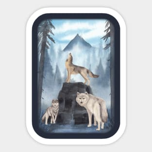 Three wolf hunting in misty forest night Howling Sticker